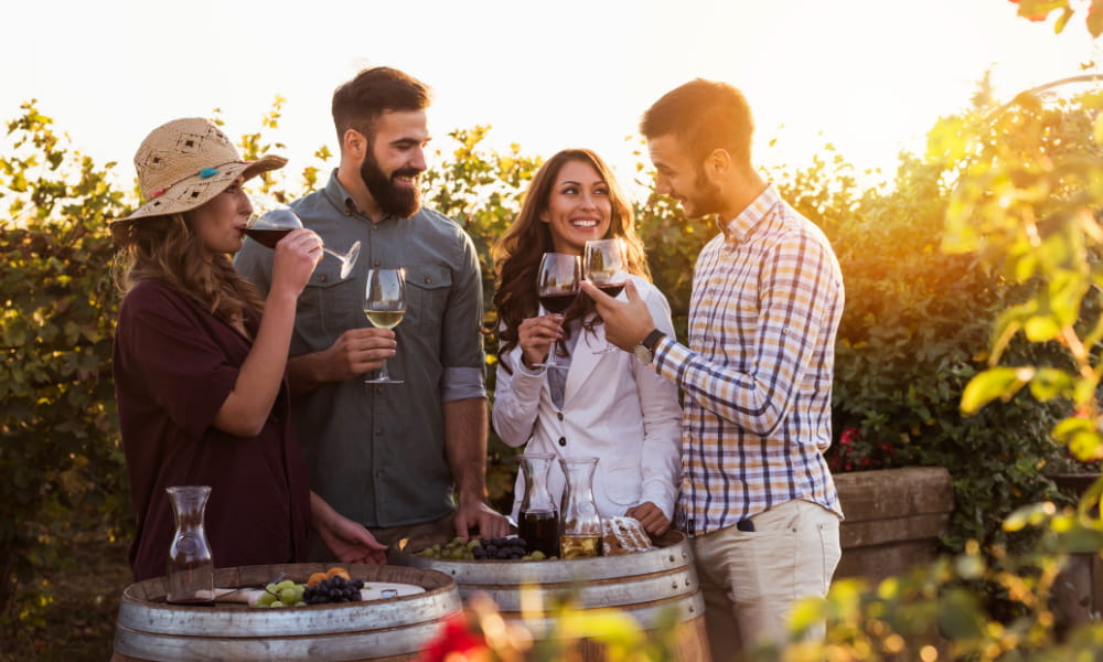 four friends tasting wine at a vineyard