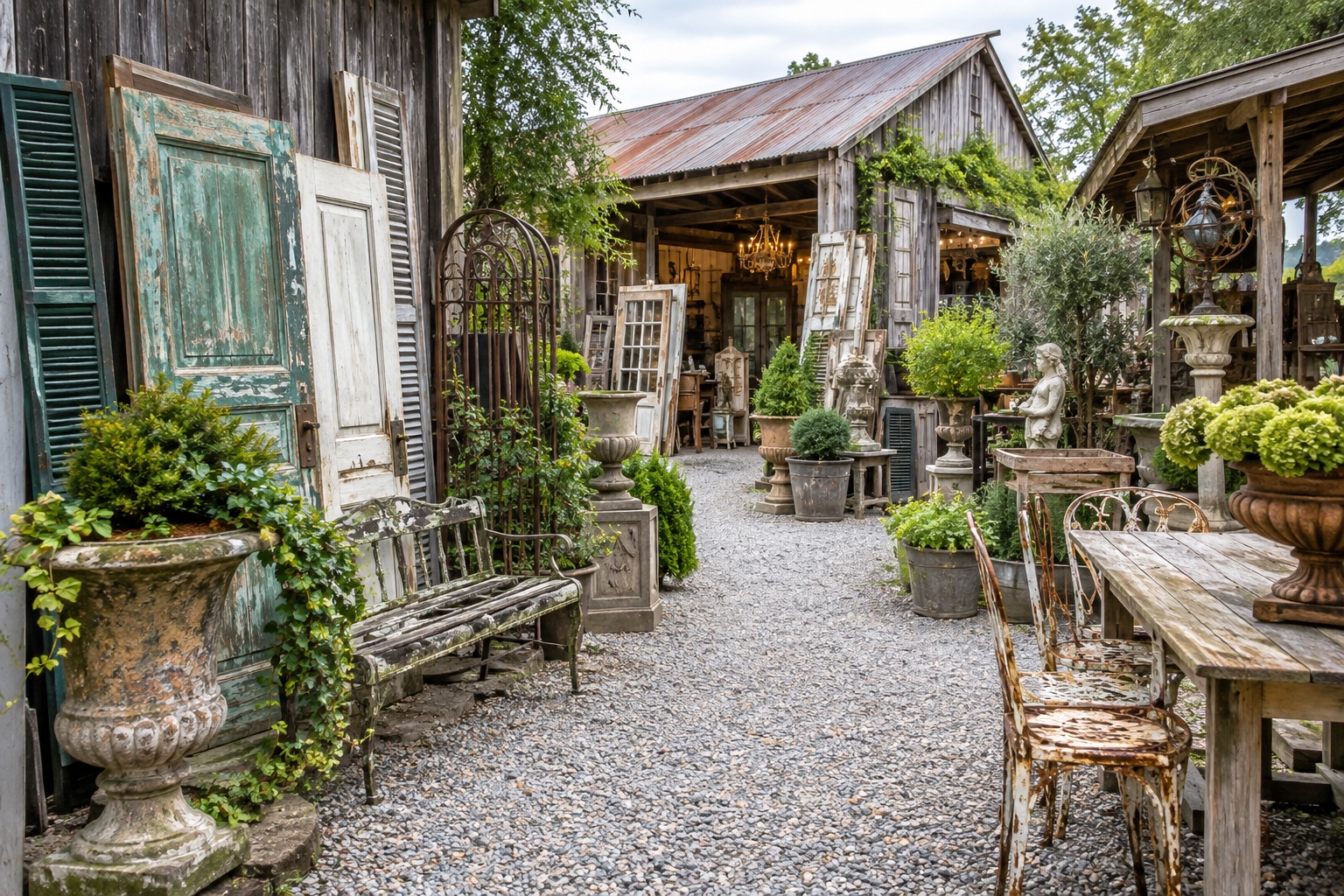Architectural salvage yard with reclaimed doors, garden pieces and vintage furniture in Delaware
