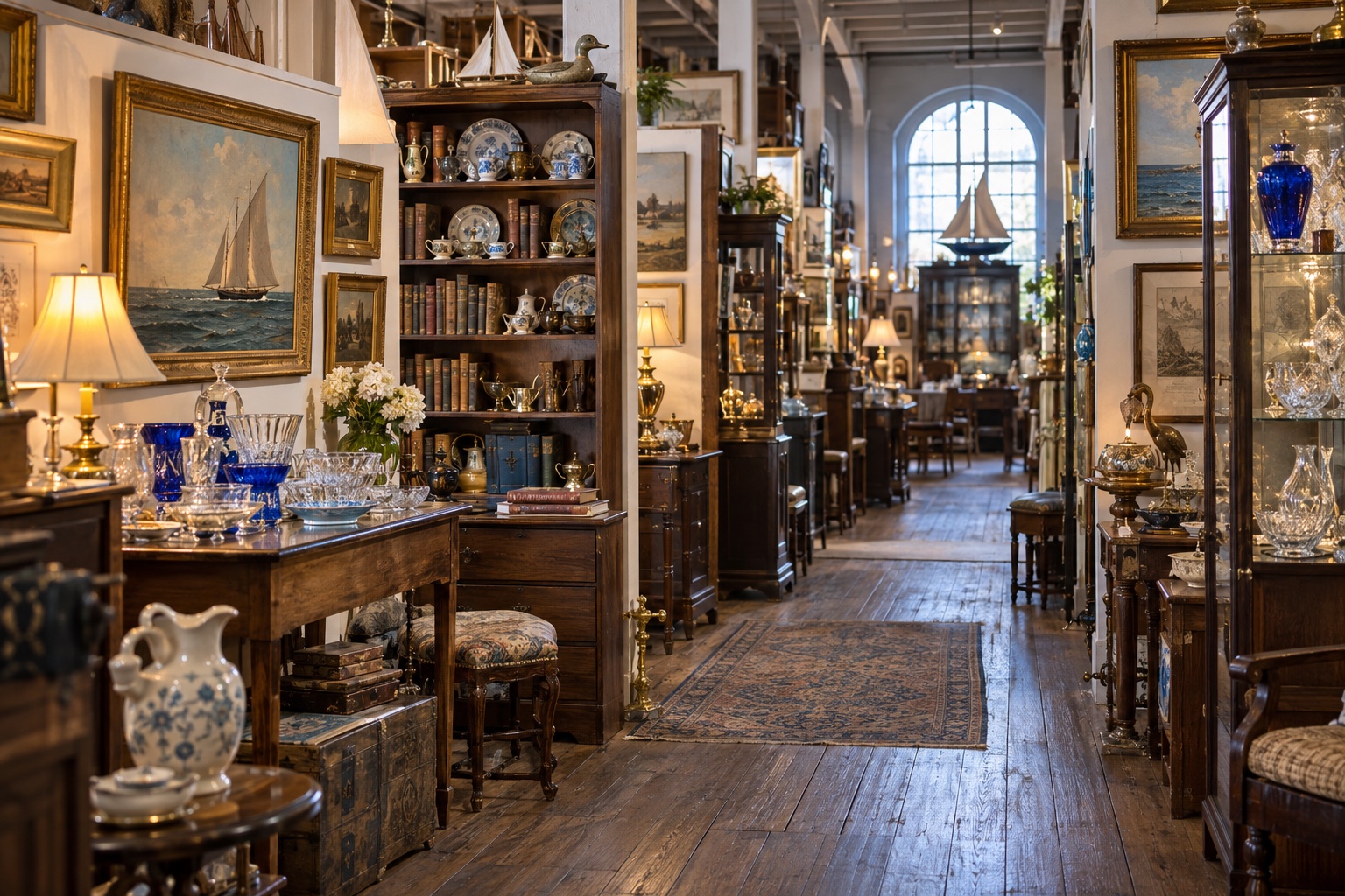 Interior of a Delaware antique mall filled with furniture, art, glassware and collectibles