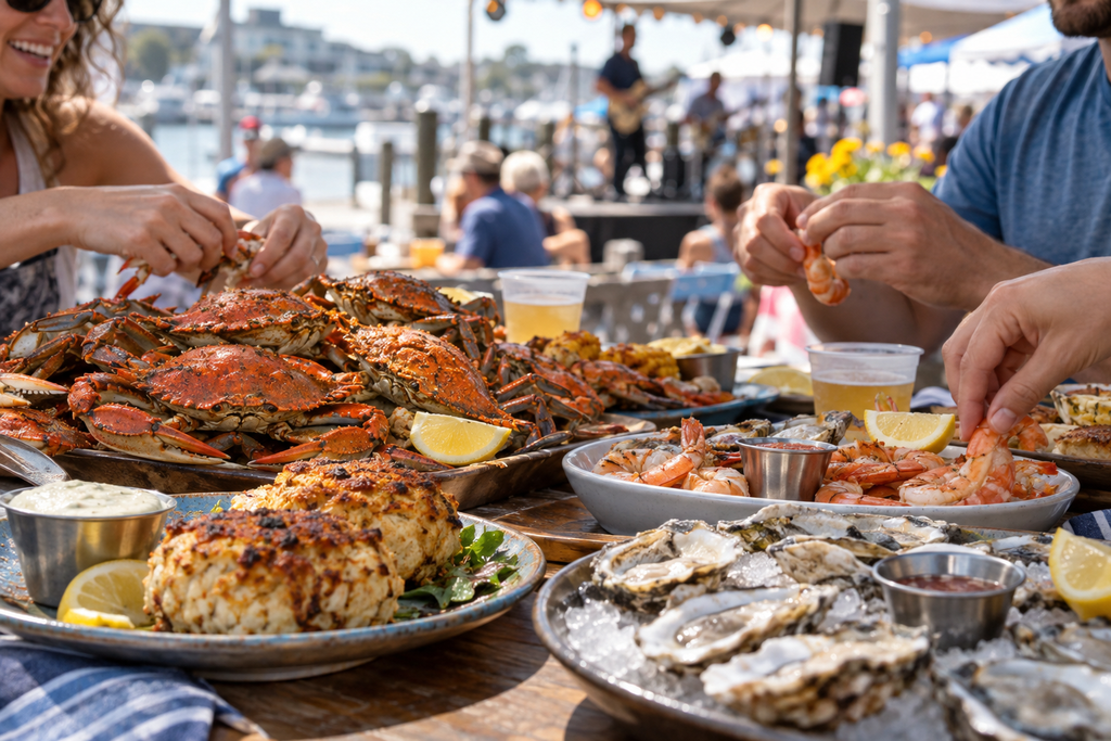 Friends sharing steamed blue crabs, shrimp, oysters and crab cakes at a coastal seafood festival