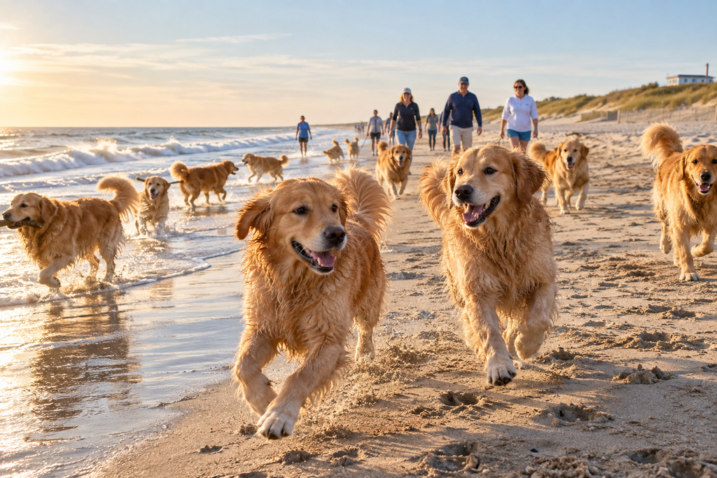 Golden Retrievers running together along the Delaware beach during Dewey's Golden Jubilee