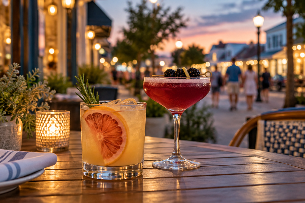 Two craft cocktails on a downtown Rehoboth Beach restaurant patio at dusk