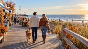 Couple walking a dog on the Rehoboth Beach boardwalk during a sunny October afternoon