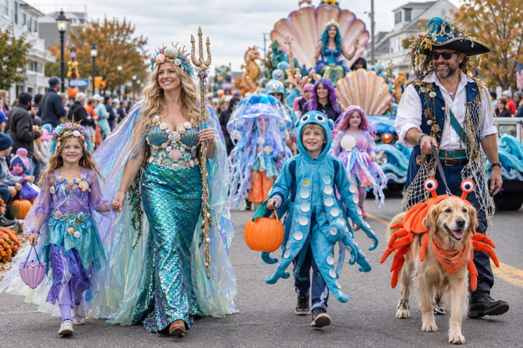 Families in sea-themed costumes at the Sea Witch Festival parade in Rehoboth Beach