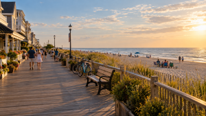 Rehoboth Beach boardwalk and ocean in warm September light